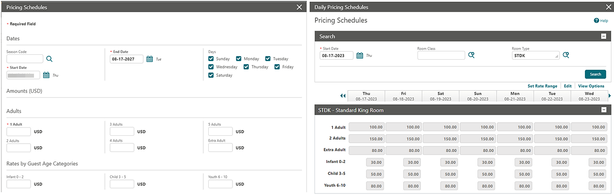 Rate Code Pricing Schedules screen
