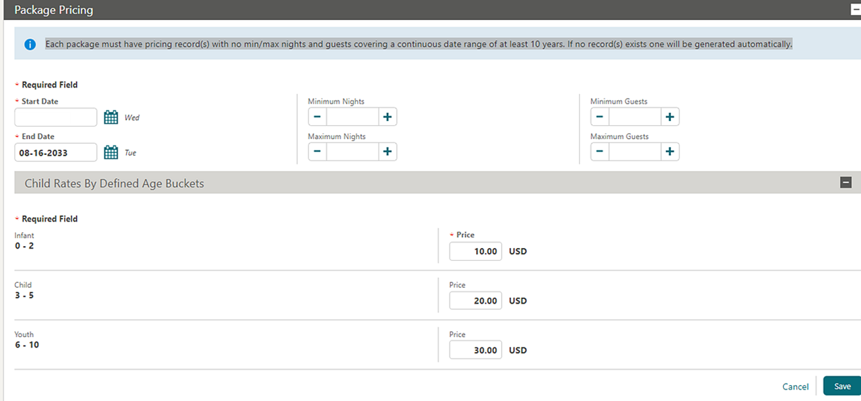 Package Pricing screen
