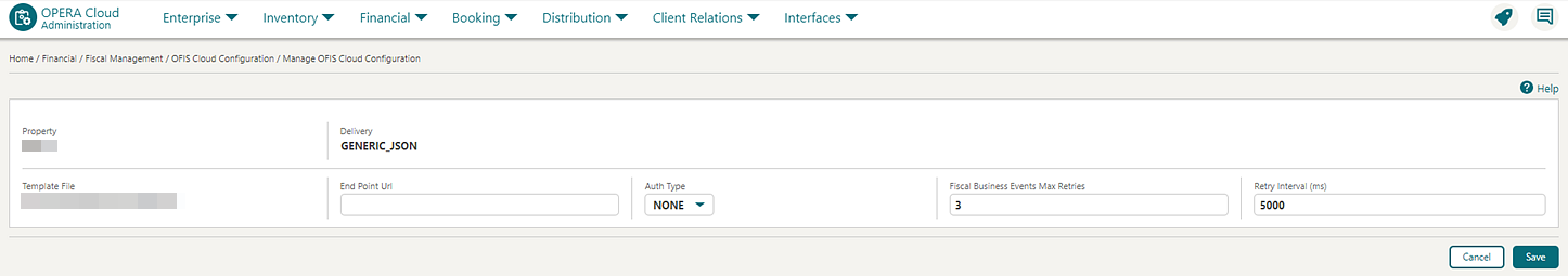 Manage OFIS Cloud Configuration screen