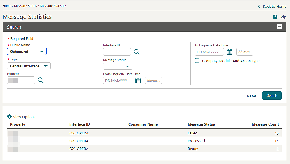 Message Statistics screen shows a Module and Action Type checkbox Message Statistics screen shows a Module and Action Type checkbox