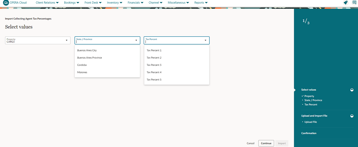 Import Collecting Agent Tax Percentages screen for selecting values.