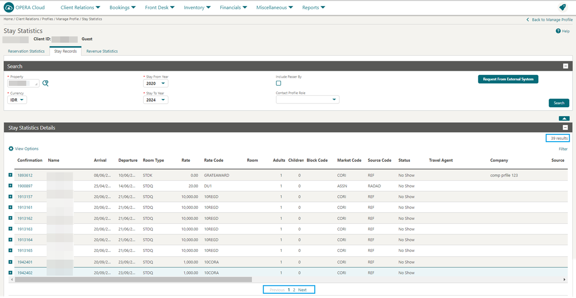 Stay Statistics screen
