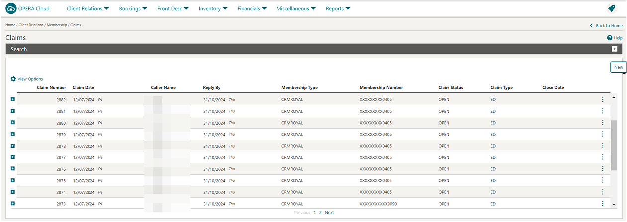 Claims search screen.