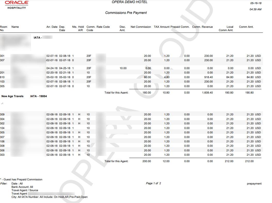 Report columns are Room No., Name, Arr. Date, Dep. Date, Nts.Hold A/R, Comm. Code, Rate Code, Disc. Amt., Net Commission, TAX Amount, Prepaid Comm., Comm. Revenue, Local Comm. Amt., Comm.Amt., and shows subtotals by travel agent and IATA. Report columns are Room No., Name, Arr. Date, Dep. Date, Nts.Hold A/R, Comm. Code, Rate Code, Disc. Amt., Net Commission, TAX Amount, Prepaid Comm., Comm. Revenue, Local Comm. Amt., Comm.Amt., and shows subtotals by travel agent and IATA.