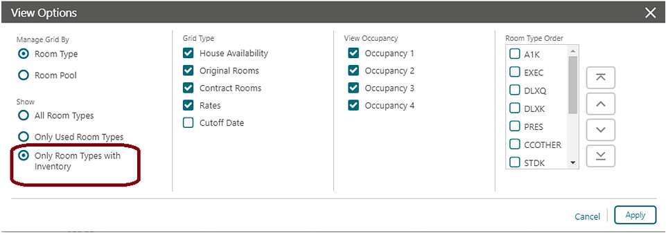 The View Options provides an Only Room Types with Inventory option you can select or deselect..