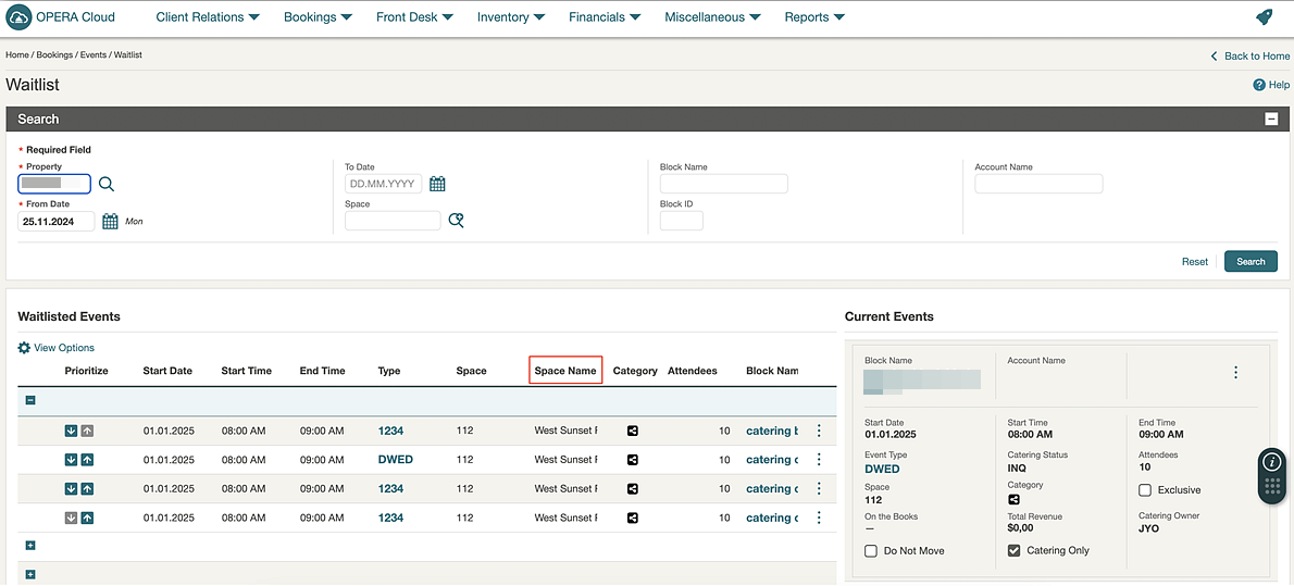 Waitlist Events found in Waitlist Search.