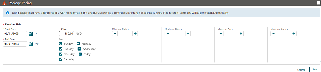 The Package Pricing screen displays days-of-week checkboxes for defining package pricing.