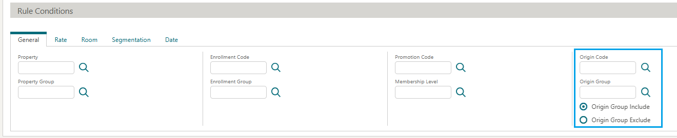 Rule Conditions screen with Origin Code and Origin Group fields highlighted