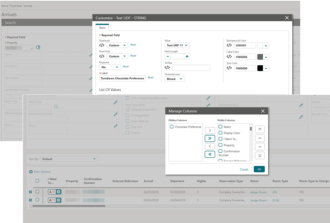 Arrivals Search screen displaying the Customize - Text UDF - String panel and the Manage Columns panel.