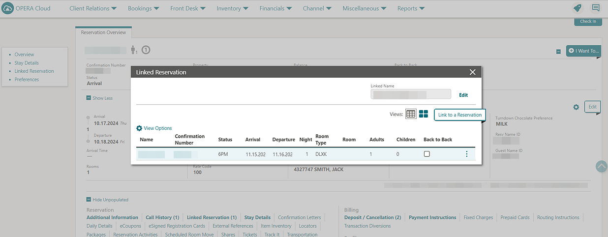 Reservation Overview screen showing Linked Reservation