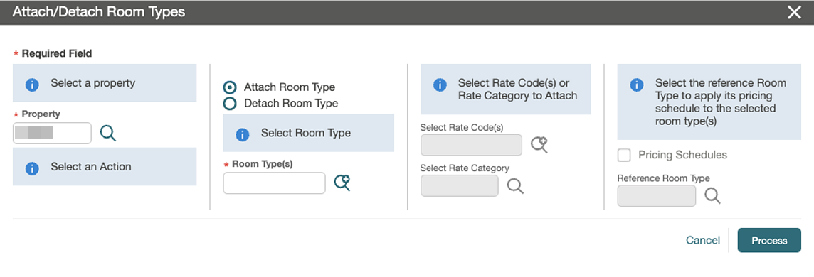 Attach/Detach Room Types screen.