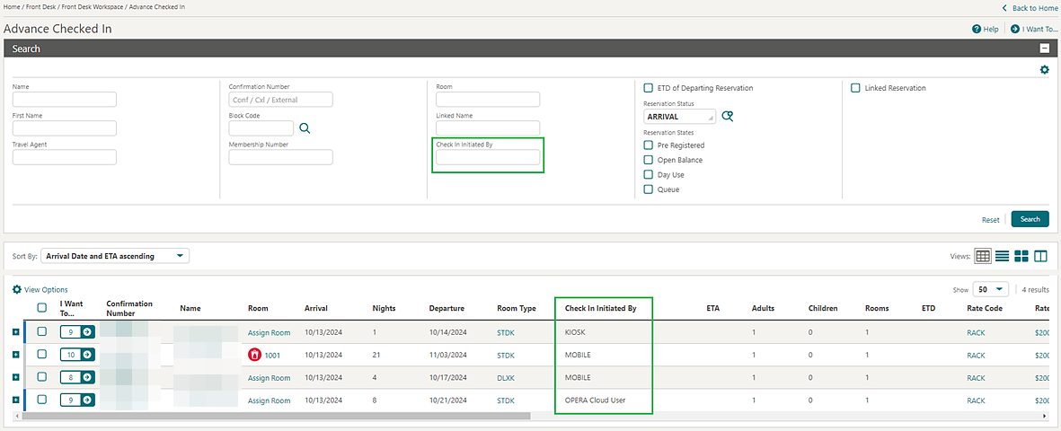 Advance Check-in screen with Check In Initiated By highlighted.