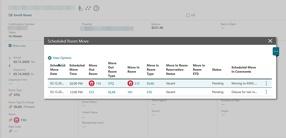 Scheduled Room Move screen.
