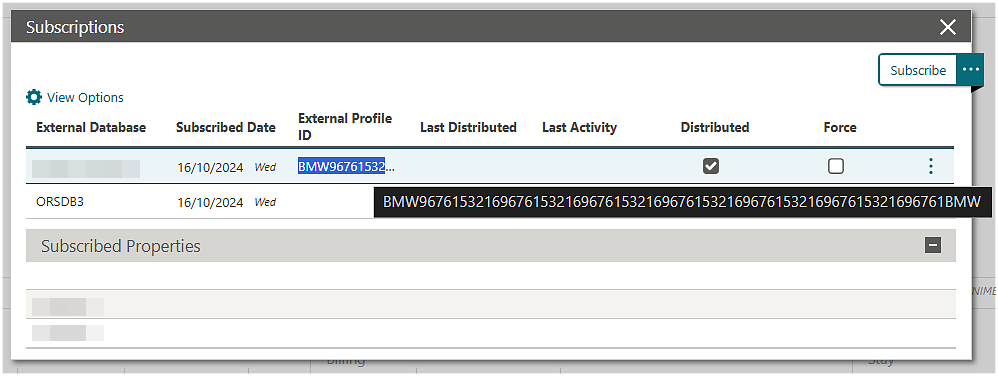 The Subscriptions screen displays the External Profile ID. The Subscriptions screen displays the External Profile ID.