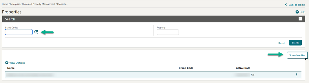 Properties screen shows a new search field for Brand Codes and a Show Inactive action link.