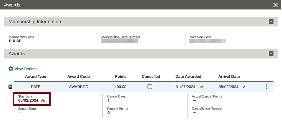 Awards screen showing Stay Date. Awards screen showing Stay Date.