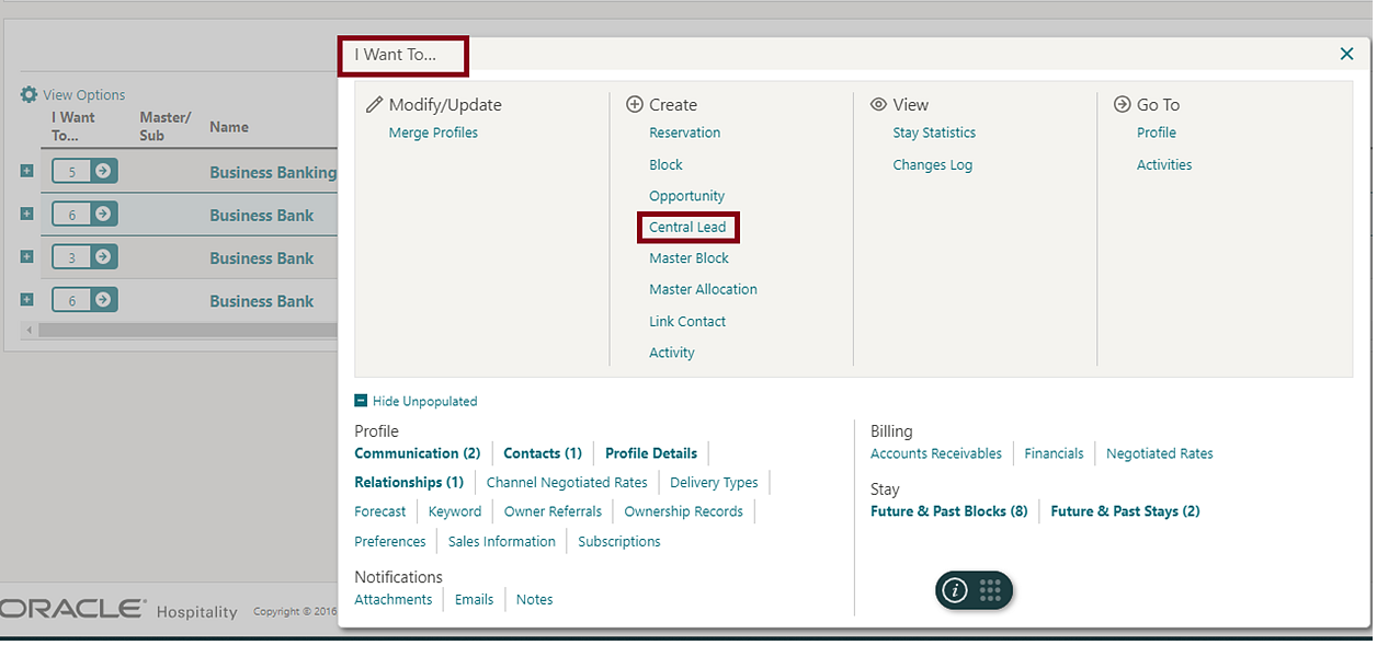 I Want To menu pages shown with Central Lead highlighted under Create.
