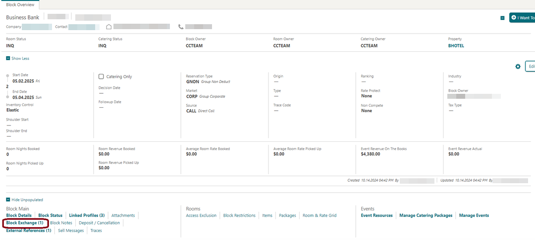 Block Overview screen showing the Block Exchange option.