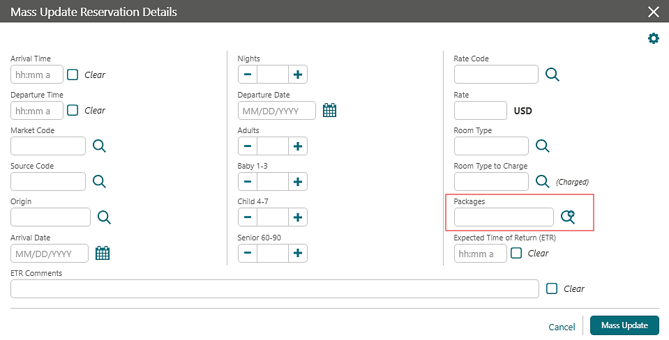 Mass Update Reservation Details added a Package field displaying a list of sell separate packages.