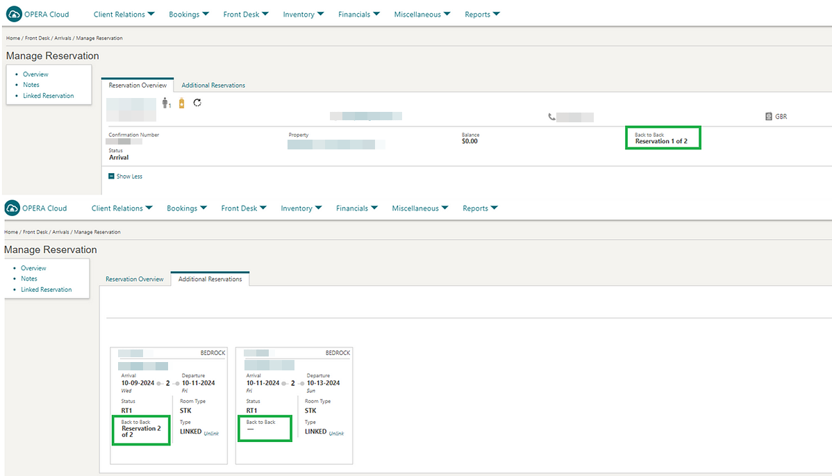 Manage Reservations updated to indicate back-to-back linked reservations.