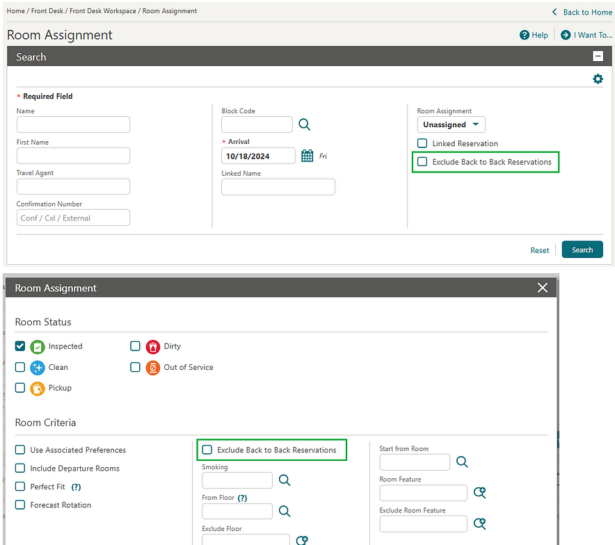 Room Assignment screen showing back-to-back checkboxes.