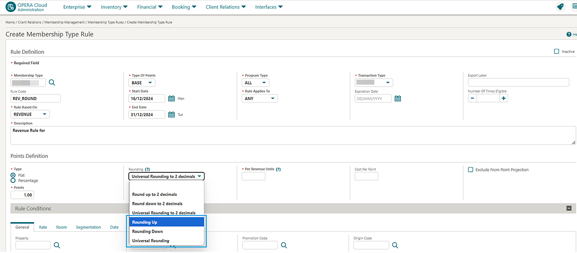 Create Membership Type Rule screen showing Universal Rounding drop-down selection options.