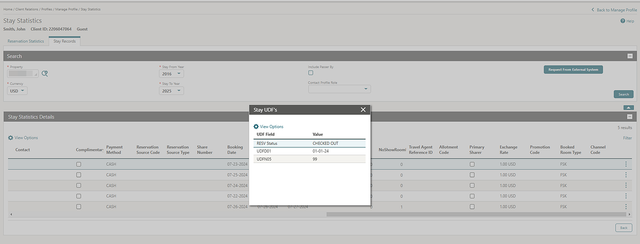 Stay Statistics screen with Stay UDF’s pop-up.