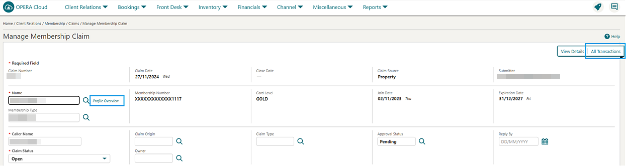 Manage Membership Claim screen shows Profile Overview and All Transactions highlighted..