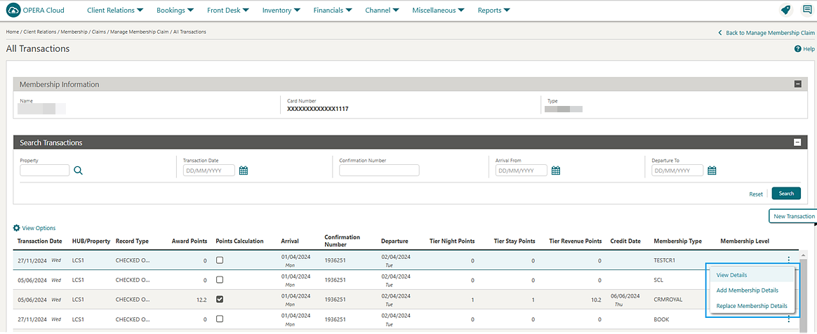 All Transaction screen shows a number of details.