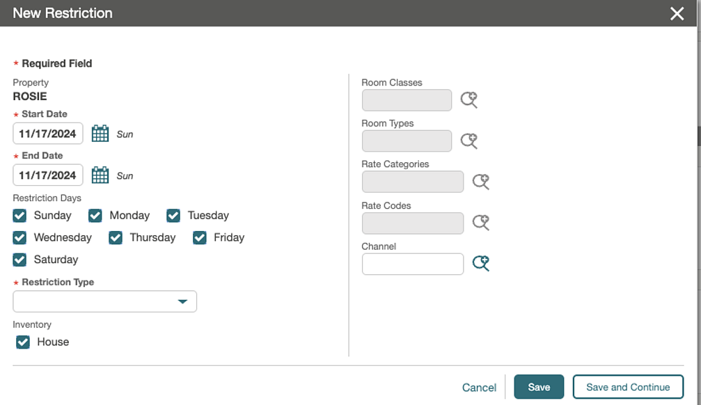 The New Restrictions screen provides a checkbox for disabling the Rate Category and Rate Code fields.