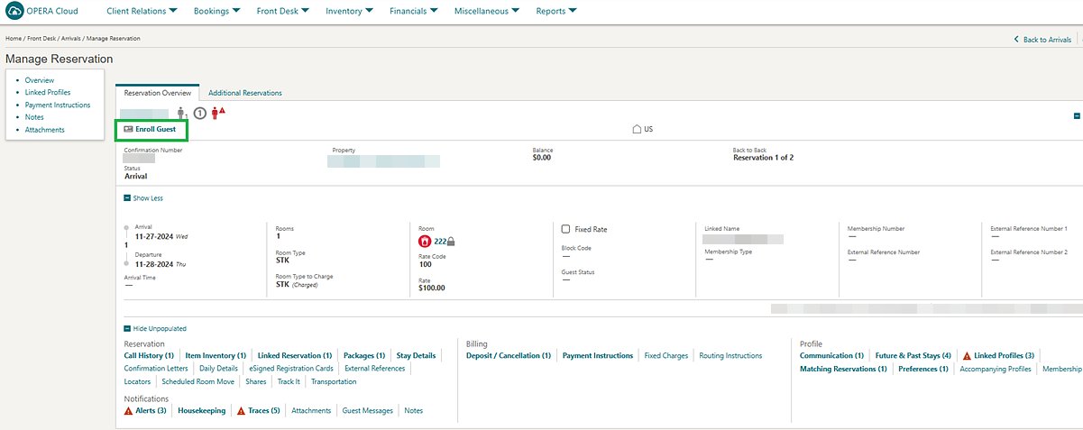 Manage Reservation screen showing the Enroll Guest action.