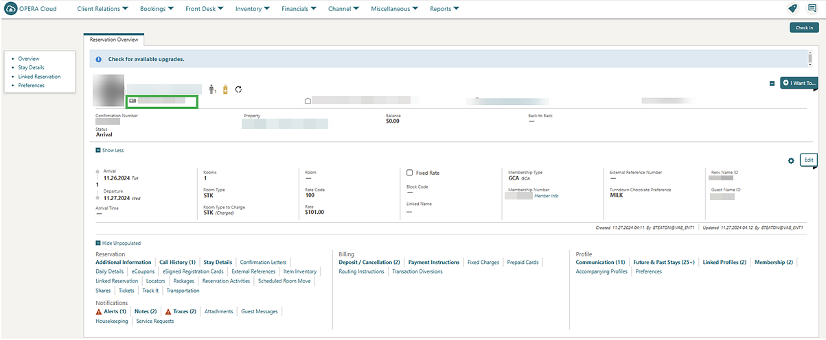 The Reservation Overview panel shows Membership information.