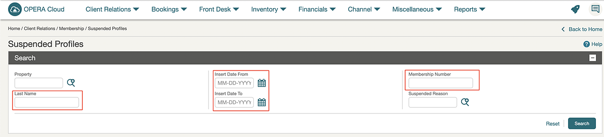 Suspended Profiles screen showing new fields for last name, insert date from/to, and members number.
