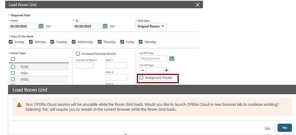 Load Room Grid screen shows the new Backgroup Process checkbox.