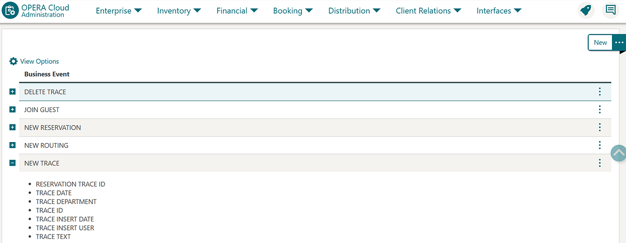 This screen displays view options for Business Events.