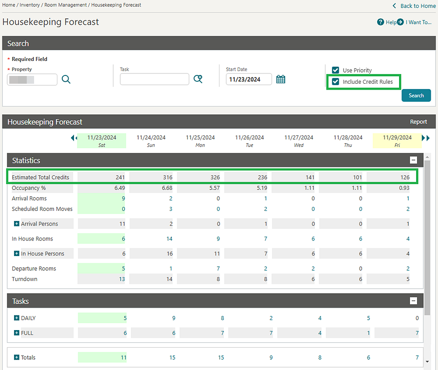 Housekeeping Forecast screen includes a search option.