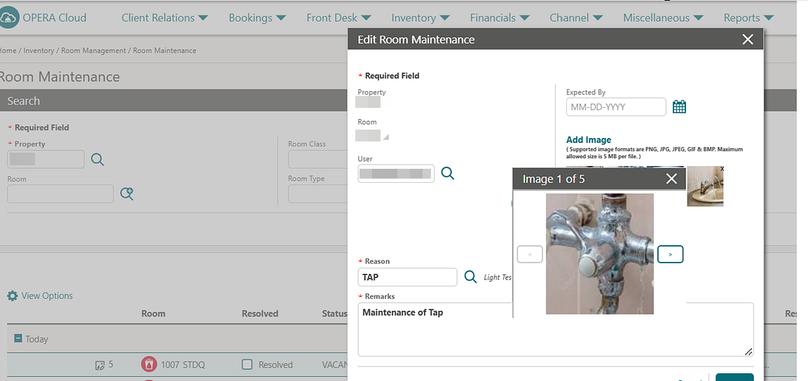 Room Maintenance screen showing a larger photo of a leaky tap.