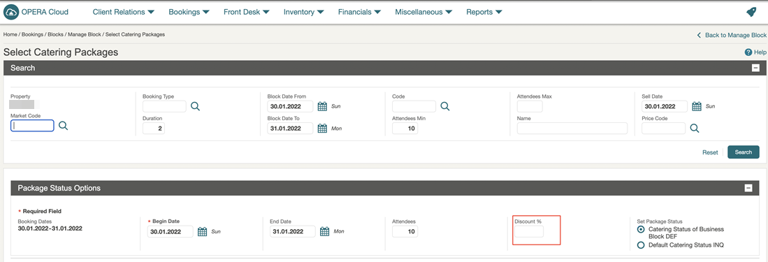 Select Catering Packages screen showing the Discount % field