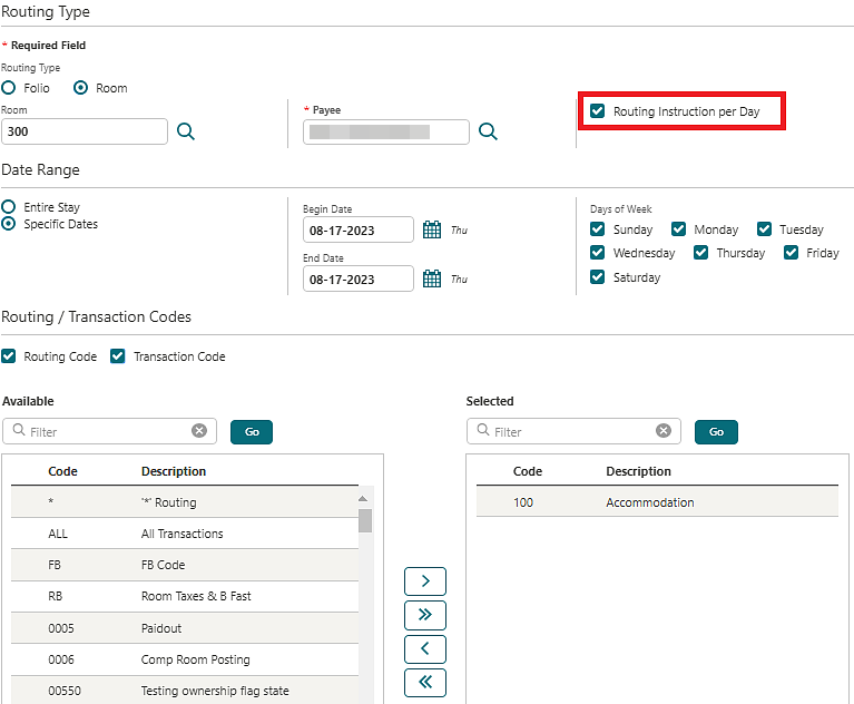 Routing Type screen with Routing Instruction per Day checkbox highlighted.