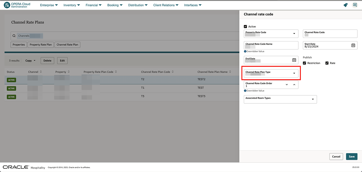 Channel Rate Plan screen with Rate Plan Type highlighted