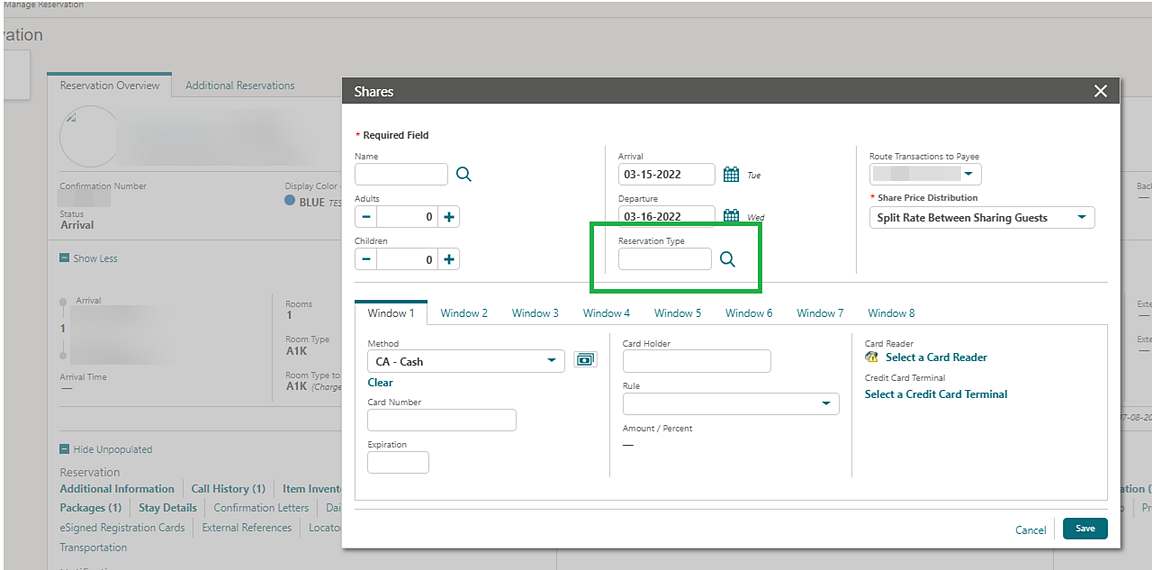 A Reservation Type field lets you select a default reservation type on the Shares screen.