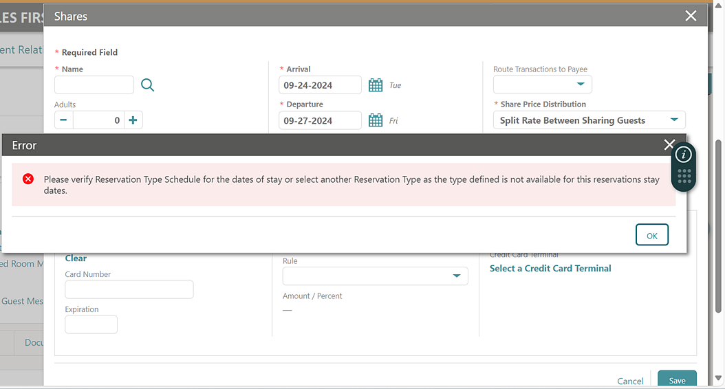 The Shares screen displays an error message if the selected defaulted reservation type has a Reservation Type Schedule not within the dates of the reservation.