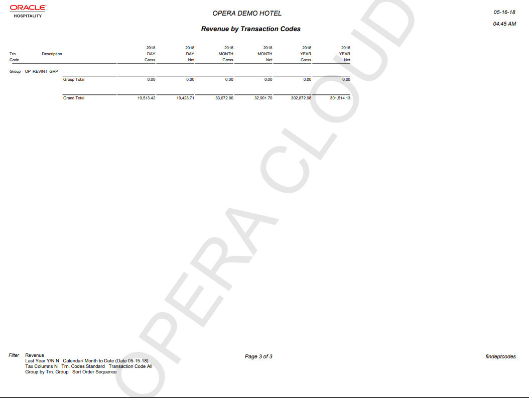 The report page 3 of 3 image shows the following columns: Trn. Code, Description, Day Gross, Day Net, Month Gross, Month Net, Year Gross, and Year Net with the Grand Total beneath all columns. The report page 3 of 3 image shows the following columns: Trn. Code, Description, Day Gross, Day Net, Month Gross, Month Net, Year Gross, and Year Net with the Grand Total beneath all columns.