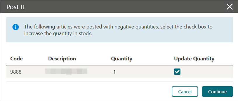 Post It screen displays article, description, qauantity, and update quantity information. Post It screen displays article, description, qauantity, and update quantity information.