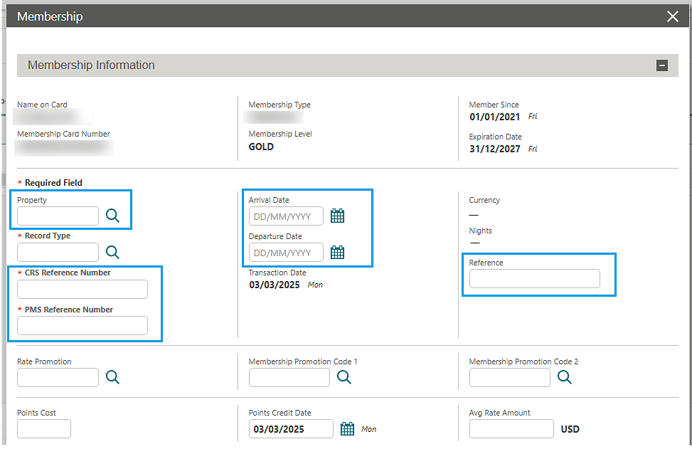 Membership Information screen displaying Required fields and Arrival Date and Departure Date fields. Membership Information screen displaying Required fields and Arrival Date and Departure Date fields.
