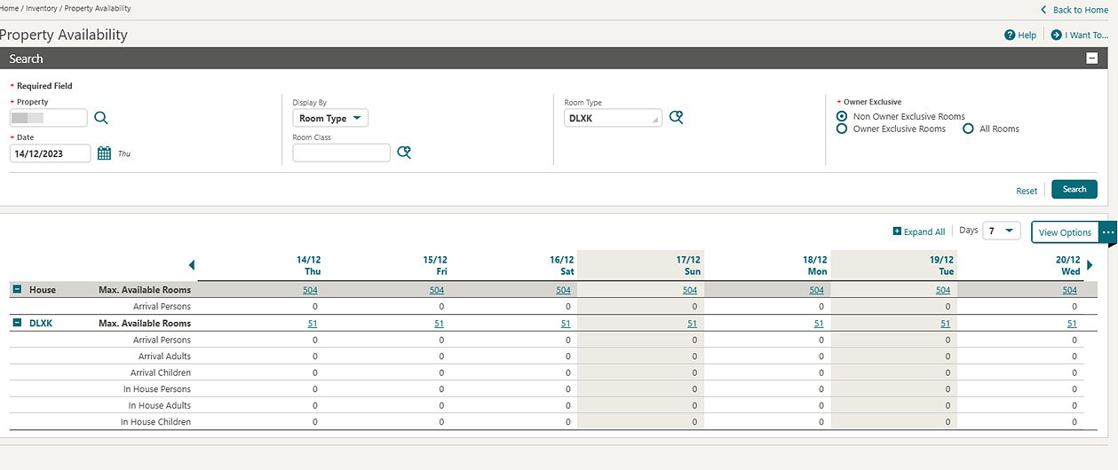 Property Availability screen showing guest type ages.