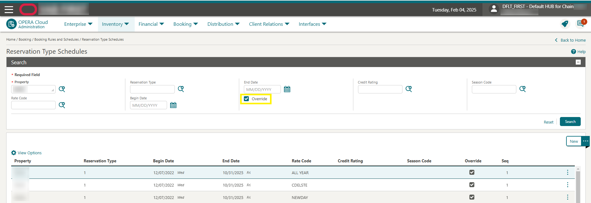 Reservation Type Schedules showing Override filter. Reservation Type Schedules showing Override filter.
