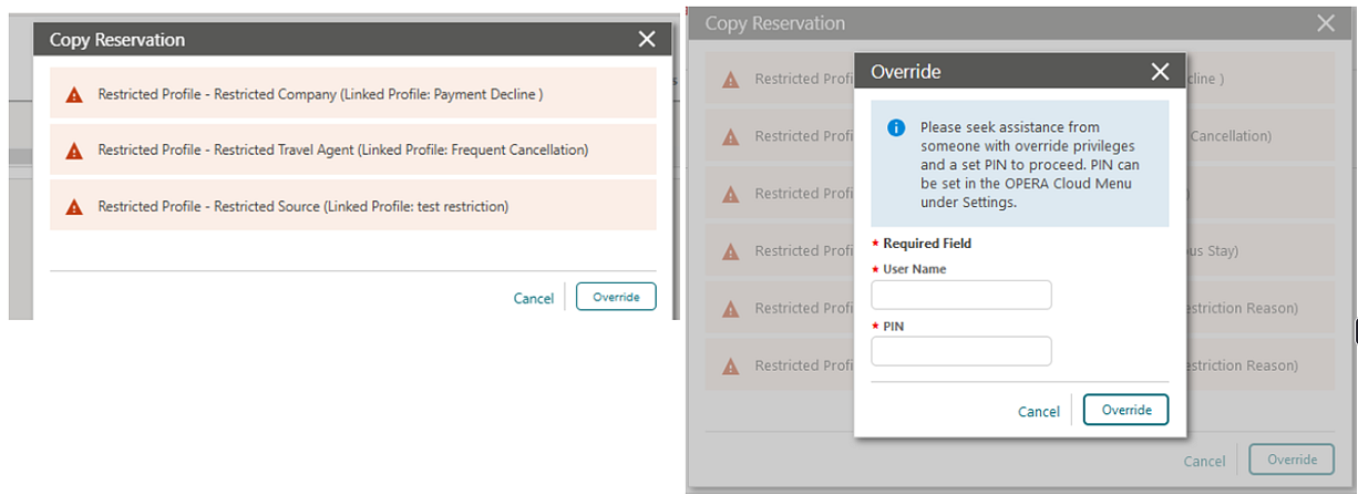 Copy Reservation screen showing warnings.