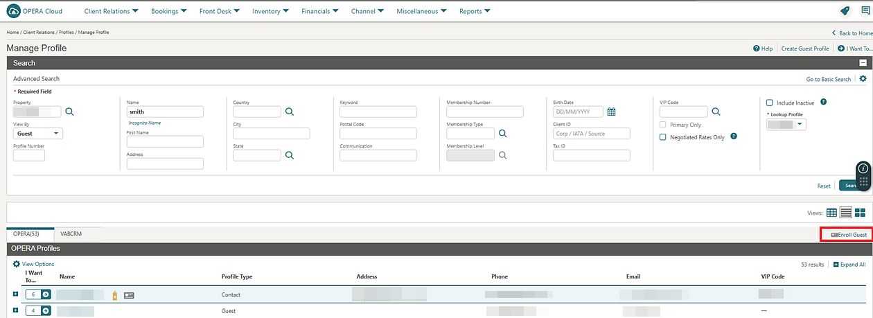 Manage Profile Search Screen.