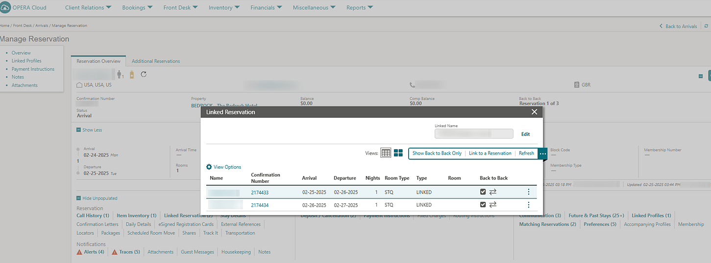 The Manage Reservation screen shows linked reservations. The Manage Reservation screen shows linked reservations.